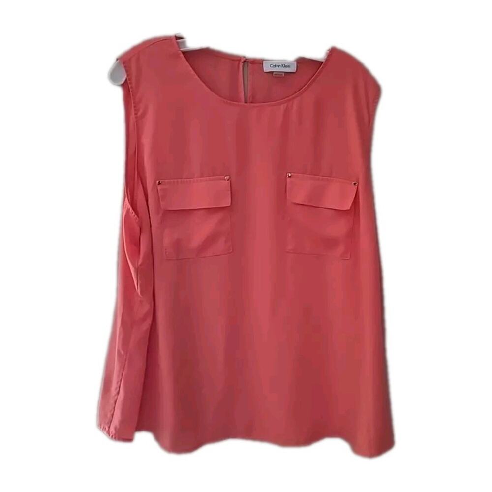 Calvin Klein Coral Pink Crew Neck Pockets Relaxed Sleeveless Top Womans Size 2X